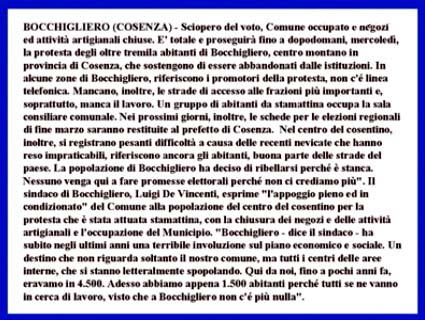 Ansa 9 marzo 2010 – Sciopero del voto in un paese della Calabria